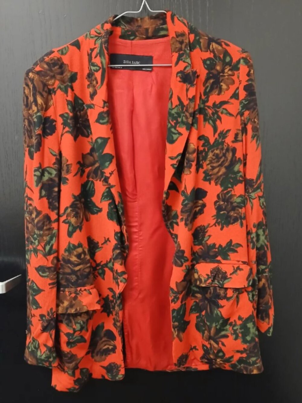 Zara Red Floral Business Casual Open Front Blazer With Pockets Size Small (S)